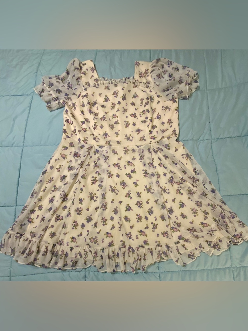 Ivy City Co Cream & Purple Floral Dress Open Neckline Sheer Sleeves Cottagecore